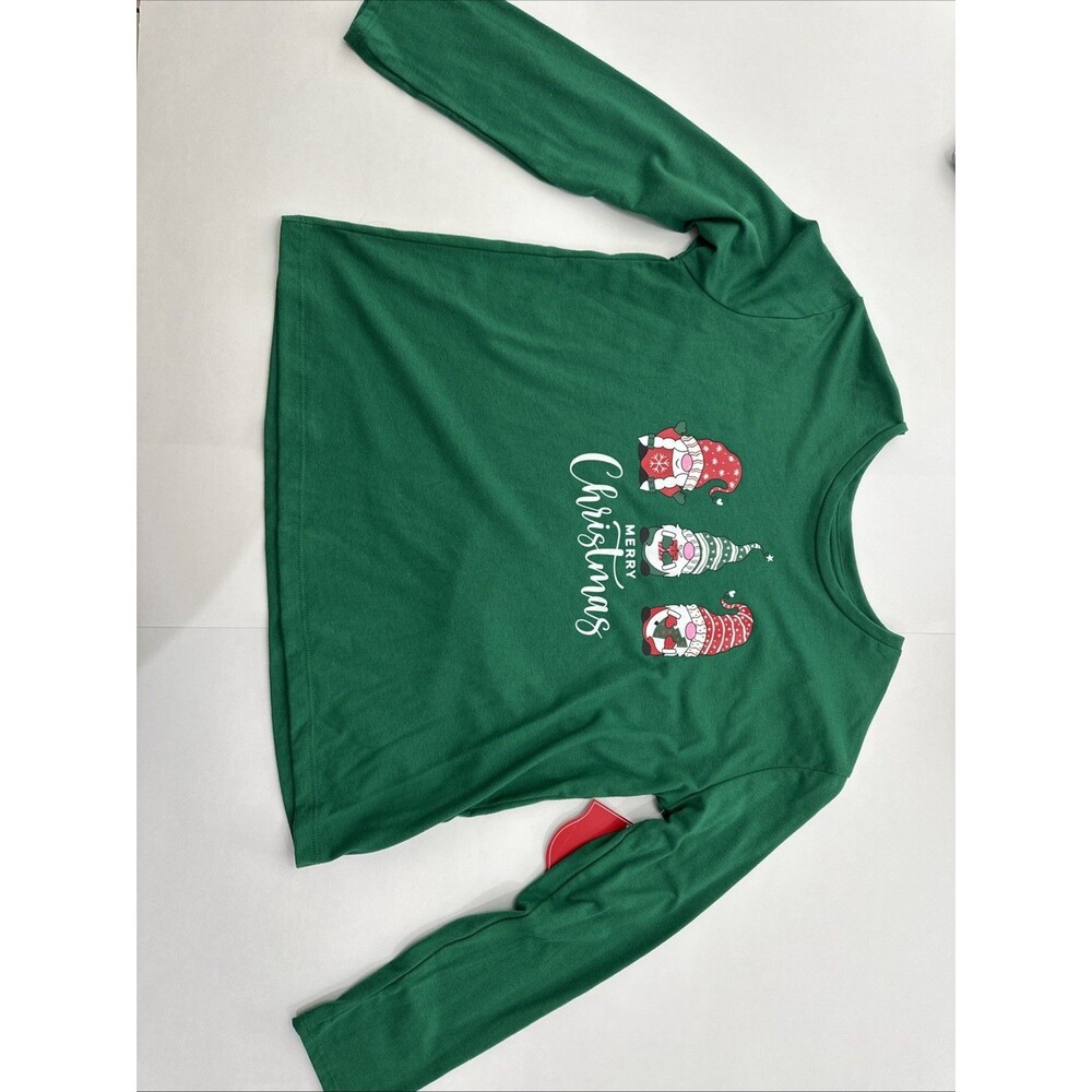 Girl's Merry Christmas Gnome Green Long Sleeve Holiday Top Shirt Size XL 14-16